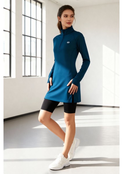 Indigo Yarım Fermuarlı Dik Yaka Standart Kalıp Kadın Sporcu Tunik - 97309 modelleri
