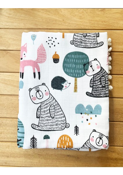 Ön Tarafı Müslin Arka Tarafı Vafıl Kumaş Kenarları Ponponlu Ayıcık Desenli Çift Katlı Battaniye fiyatları