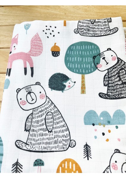 Ön Tarafı Müslin Arka Tarafı Vafıl Kumaş Kenarları Ponponlu Ayıcık Desenli Çift Katlı Battaniye modelleri