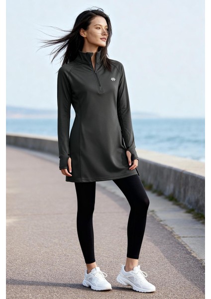 Antrasit Yarım Fermuarlı Dik Yaka Standart Kalıp Kadın Sporcu Tunik - 97309 fiyatları