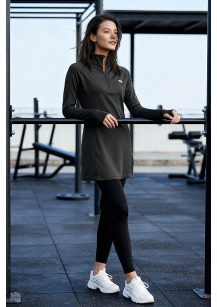 Antrasit Yarım Fermuarlı Dik Yaka Standart Kalıp Kadın Sporcu Tunik - 97309 modelleri