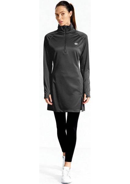 Antrasit Yarım Fermuarlı Dik Yaka Standart Kalıp Kadın Sporcu Tunik - 97309 fırsatları