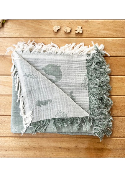 105X120 Büyük Boy Deniz Altı Hayvanları %100 Pamuk Çift Katlı Jakarlı Müslin – Mint fiyatları