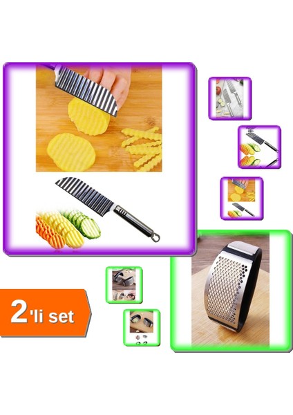 Yeni Sarımsak Ezici Paslanmaz Çelik Garlic Press + Tırtıklı Patates Kesme Bıçağı - 2li Set X7P9QA