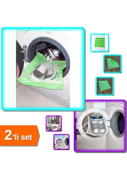 Yeşil Fermuarlı Hassas Ayakkabı Yıkama Filesi + Ayakkabı Yıkama Filesi Kapak Bağlamalı - 2li Set 0t8