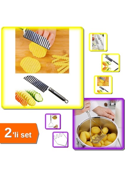 Tırtıklı Patates Kesme Bıçağı Dilimleyici + 27 cm Inox Metal Paslanmaz Patates Ezici - 2li Set N1H8C
