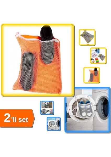 Fermuarlı Hassas Çamaşır Ayakkabı Yıkama Filesi + Ayakkabı Yıkama Filesi Kapak Bağlamalı - 2li Set