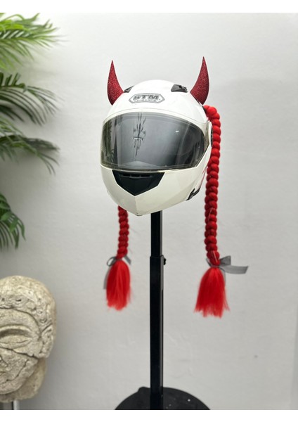 Motor & Motosiklet Kırmızı Simli Çift Örgü Saç ve Simli Şeytan Boynuzlu Set Kask Dış Aksesuarı