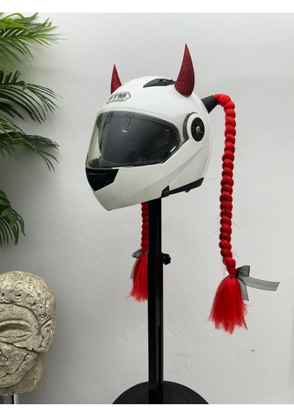 Motor & Motosiklet Kırmızı Simli Çift Örgü Saç ve Simli Şeytan Boynuzlu Set Kask Dış Aksesuarı modelleri