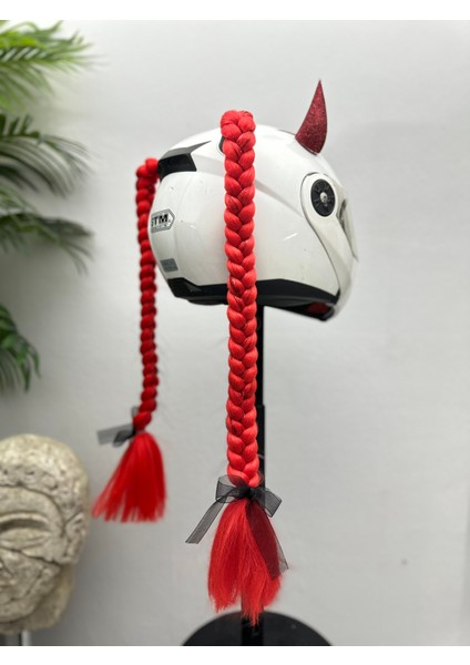 Motor & Motosiklet Kırmızı Simli Çift Örgü Saç ve Simli Şeytan Boynuzlu Set Kask Dış Aksesuarı fırsatları