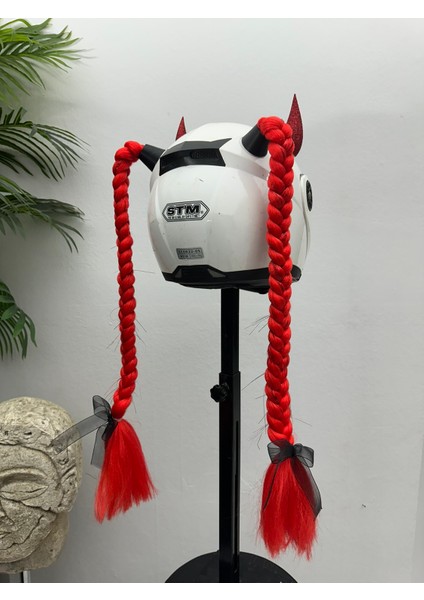 Motor & Motosiklet Kırmızı Simli Çift Örgü Saç ve Simli Şeytan Boynuzlu Set Kask Dış Aksesuarı indirimleri