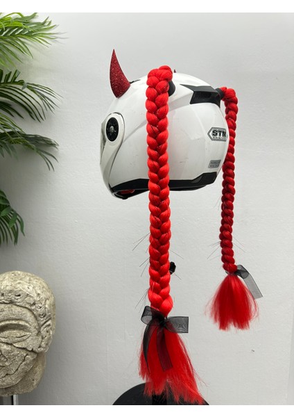 Motor & Motosiklet Kırmızı Simli Çift Örgü Saç ve Simli Şeytan Boynuzlu Set Kask Dış Aksesuarı
