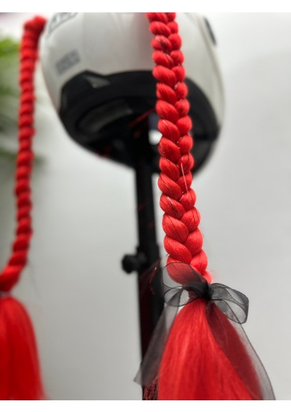 Motor & Motosiklet Kırmızı Simli Çift Örgü Saç ve Simli Şeytan Boynuzlu Set Kask Dış Aksesuarı