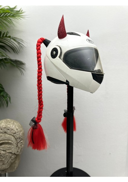 Motor & Motosiklet Kırmızı Simli Çift Örgü Saç ve Simli Şeytan Boynuzlu Set Kask Dış Aksesuarı