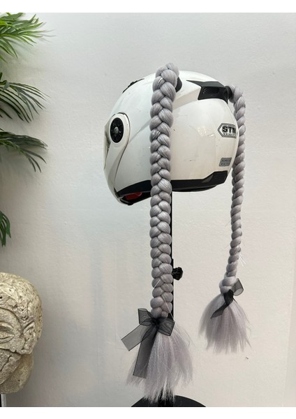 Motor & Motosiklet Gri Simli Çift Örgü Saç Kask Dış Aksesuarı