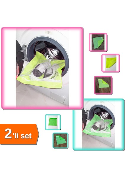 Hassas Fermuarlı Çamaşır Ayakkabı Terlik Yıkama Filesi Büyük Boy - Sarı ve Yeşil - 2li Set F0J4M2