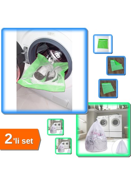 Yeşil Hassas Fermuarlı Ayakkabı Çamaşır Yıkama Filesi + Çamaşır Yıkama Filesi - Büyük Boy - 2li Set