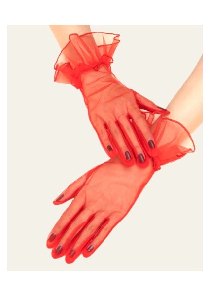 Kısa Boy Likralı Güpürlü Yetişkin Tül Eldiven Kırmızı Renk modelleri