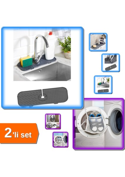 Esnek Mutfak Banyo Su Tutucu Musluk Matı + Ayakkabı Yıkama Filesi Kapak Bağlamalı - 2li Set F7C6F1