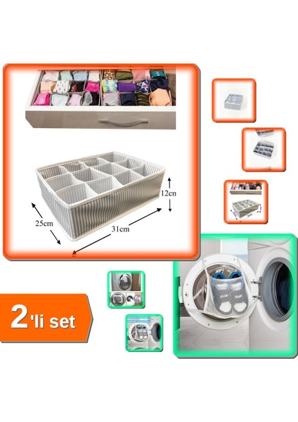12 Bölmeli Çekmece Düzenleyici + Ayakkabı Yıkama Filesi Kapak Bağlamalı 35X20 cm - 2li Set H2G0C1