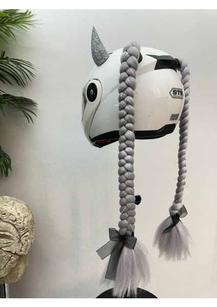 Motor & Motosiklet Gri Simli Çift Örgü Saç ve Hologramlı Şeytan Boynuzlu Set Kask Dış Aksesuarı