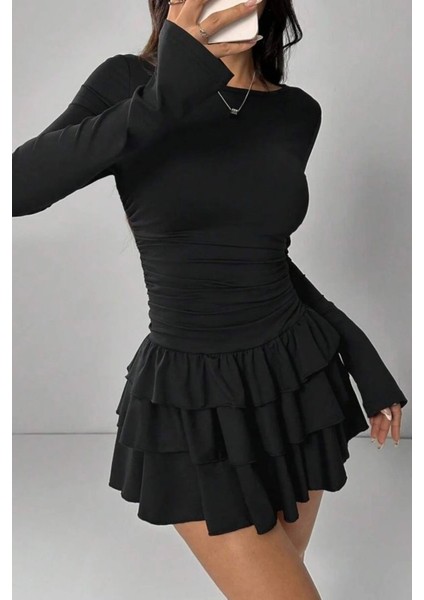 Eteği Kat Kat Volanlı Mini Elbise