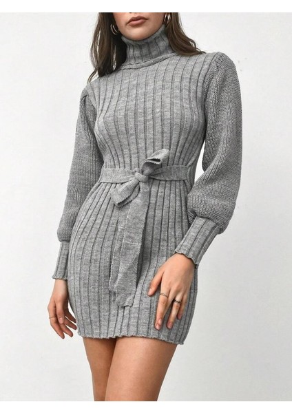 Kadın Uzun Kollu Balıkçı Yaka Beli Kuşaklı Mini Triko Elbise