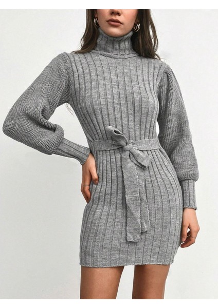 Kadın Uzun Kollu Balıkçı Yaka Beli Kuşaklı Mini Triko Elbise indirimleri