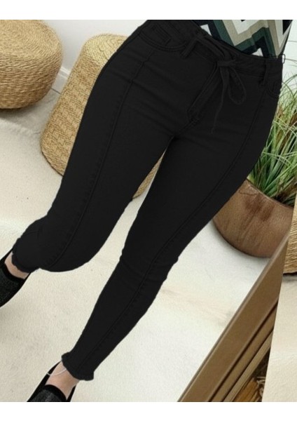 Kadın Yüksek Bel Belden Kuşaklı Yırtık Detaylı Kot Pantolon fiyatları