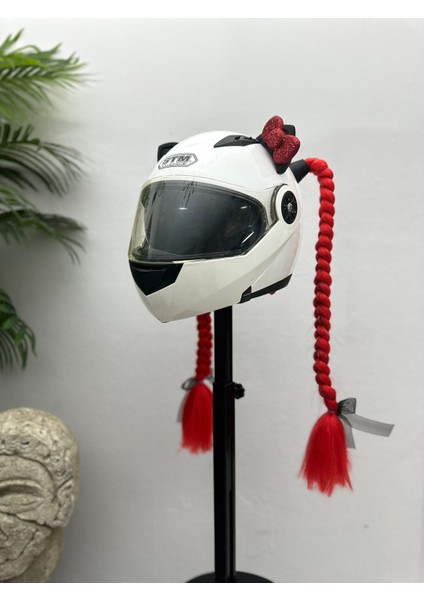 Motor & Motosiklet Kırmızı Simli Çift Örgü Saç ve Kırmızı Fiyonklu Kedi Kulak Set Kask Dış Aksesuarı