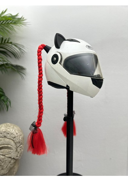 Motor & Motosiklet Kırmızı Simli Çift Örgü Saç ve Kırmızı Fiyonklu Kedi Kulak Set Kask Dış Aksesuarı fiyatları