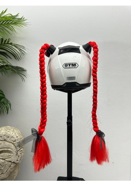 Motor & Motosiklet Kırmızı Simli Çift Örgü Saç ve Kırmızı Fiyonklu Kedi Kulak Set Kask Dış Aksesuarı modelleri