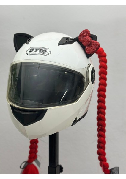 Motor & Motosiklet Kırmızı Simli Çift Örgü Saç ve Kırmızı Fiyonklu Kedi Kulak Set Kask Dış Aksesuarı fırsatları
