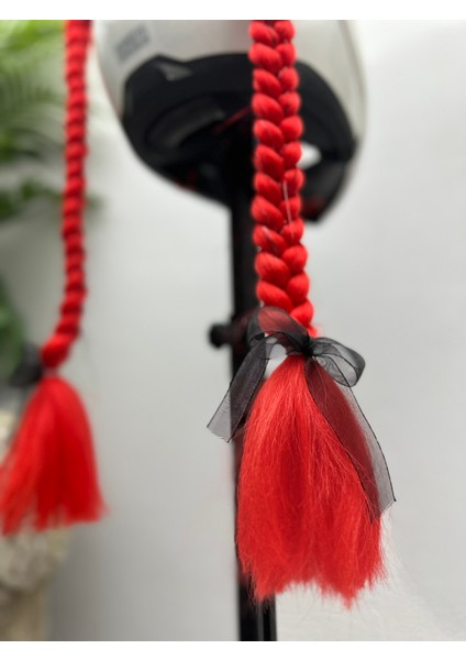 Motor & Motosiklet Kırmızı Simli Çift Örgü Saç ve Kırmızı Fiyonklu Kedi Kulak Set Kask Dış Aksesuarı indirimleri