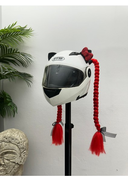 Motor & Motosiklet Kırmızı Simli Çift Örgü Saç ve Kırmızı Fiyonklu Kedi Kulak Set Kask Dış Aksesuarı