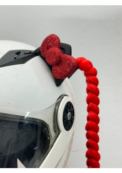 Motor & Motosiklet Kırmızı Simli Çift Örgü Saç ve Kırmızı Fiyonklu Kedi Kulak Set Kask Dış Aksesuarı