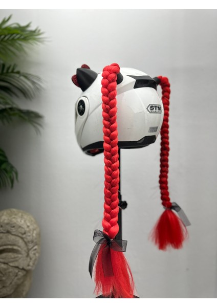 Motor & Motosiklet Kırmızı Simli Çift Örgü Saç ve Kırmızı Fiyonklu Kedi Kulak Set Kask Dış Aksesuarı