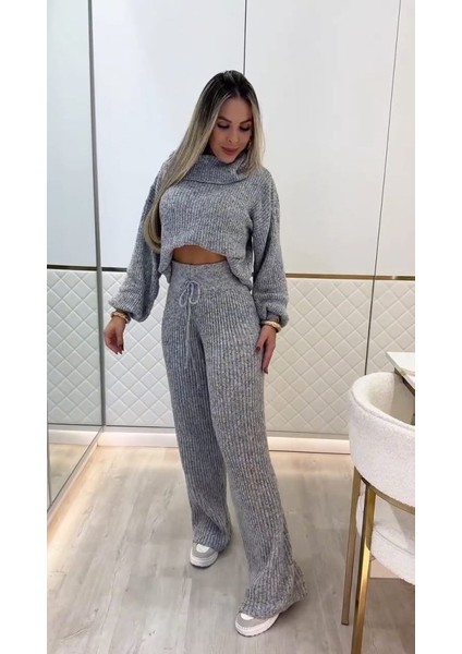 Kadın Uzun Kollu Balıkçı Yaka Kısa Triko Bluz ve Pantolon Ikili Takım fiyatları