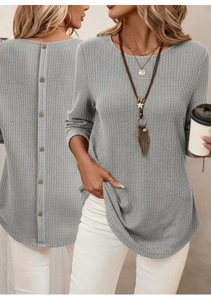 Kadın Uzun Kollu Yuvarlak Yaka Arkadan Düğmeli Waffle Bluz modelleri