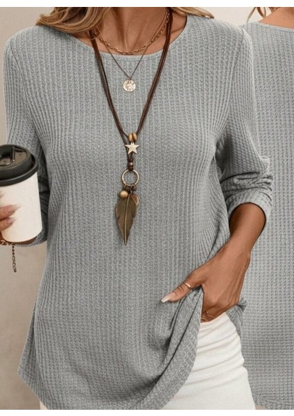 Kadın Uzun Kollu Yuvarlak Yaka Arkadan Düğmeli Waffle Bluz fiyatları