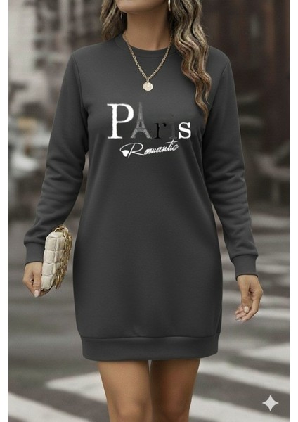 Kadın Uzun Kollu Bisiklet Yaka Yazılı Kısa Viskon Iki Iplik Elbise