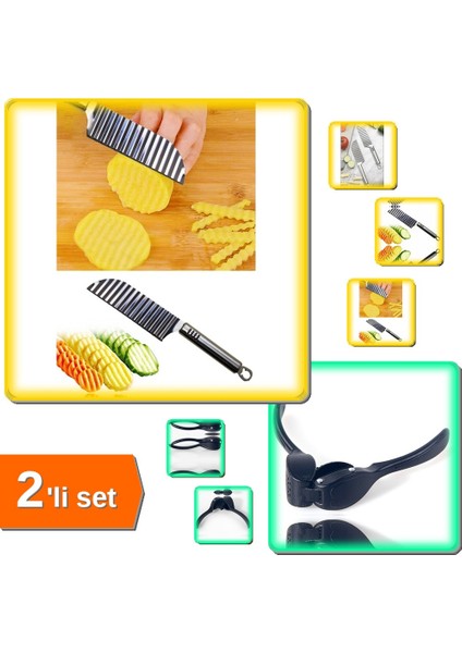 Tırtıklı Patates Kesme Bıçağı Şekilli Sebze Dilimleyici + Sarımsak Ezici Döküm - 2li Set W5D0F1