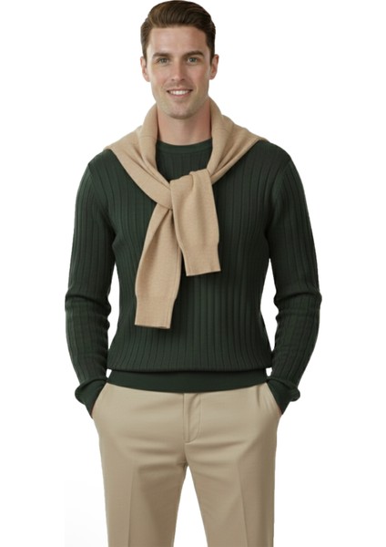 Erkek Haki Rahat Kalıp Çizgi Dokulu Triko Kazak – Şık & Modern Tasarım 2605432