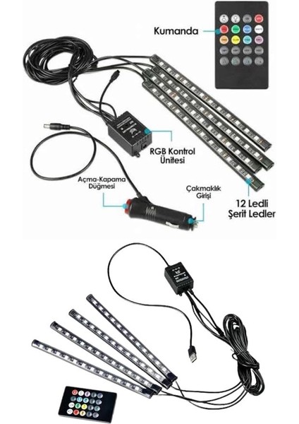 Araç Içi Ayak Altı LED 12 LED Işık Sese Müziğe Duyarlı Rgb Işıklı Aydınlatma Seti modelleri
