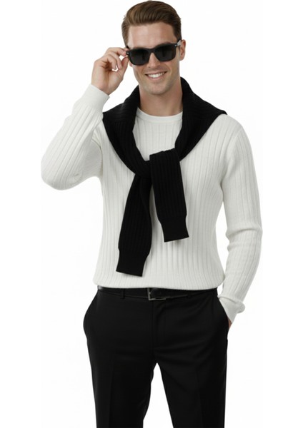 Erkek Beyaz Rahat Kalıp Çizgi Dokulu Triko Kazak – Şık & Modern Tasarım 2605432 fiyatları