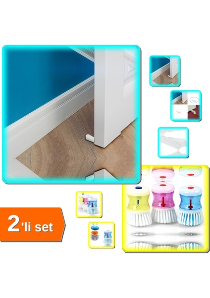 Kapı Altı Stoperi Beyaz 2 Adet + Deterjan Hazneli Bulaşık Fırçası - 2li Set F7P1S8