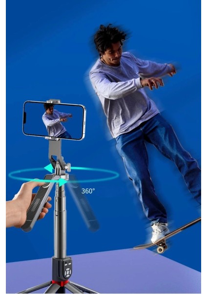 Kumandalı 360 Derece Dönebilen Cep Telefonu ve Kamera Tripodu 2.2m Uzayabilen Selfie Çubuğu