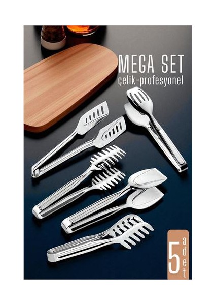 Hsnet Mutfak Maşa Seti - Makarna Pasta Salata Çok Amaçlı Maşa 5 Li Set 304 Paslanmaz Çelik