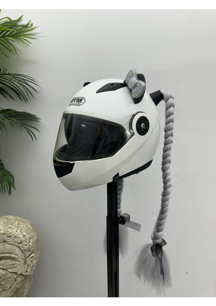 Motor & Motosiklet Gri Simli Çift Örgü Saç ve Hologram Fiyonklu Kedi Kulak Set Kask Dış Aksesuarı