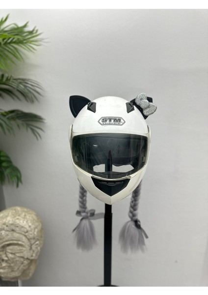 Motor & Motosiklet Gri Simli Çift Örgü Saç ve Hologram Fiyonklu Kedi Kulak Set Kask Dış Aksesuarı fiyatları